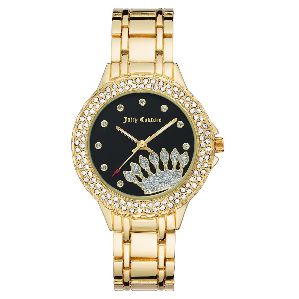 Juicy Couture Gold Metal Dress Watch with black dial, golden metal bracelet, and quartz mechanism, featuring analog display and folding clasp.