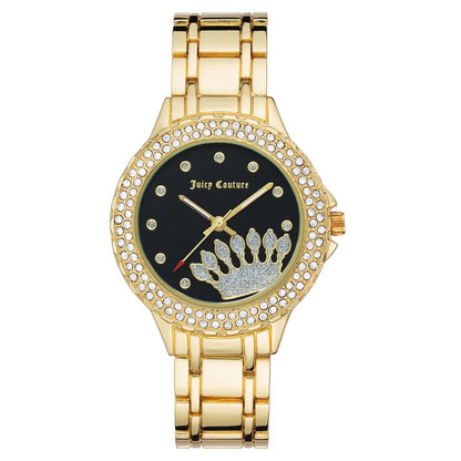Juicy Couture Gold Metal Dress Watch with black dial, golden metal bracelet, and quartz mechanism, featuring analog display and folding clasp.
