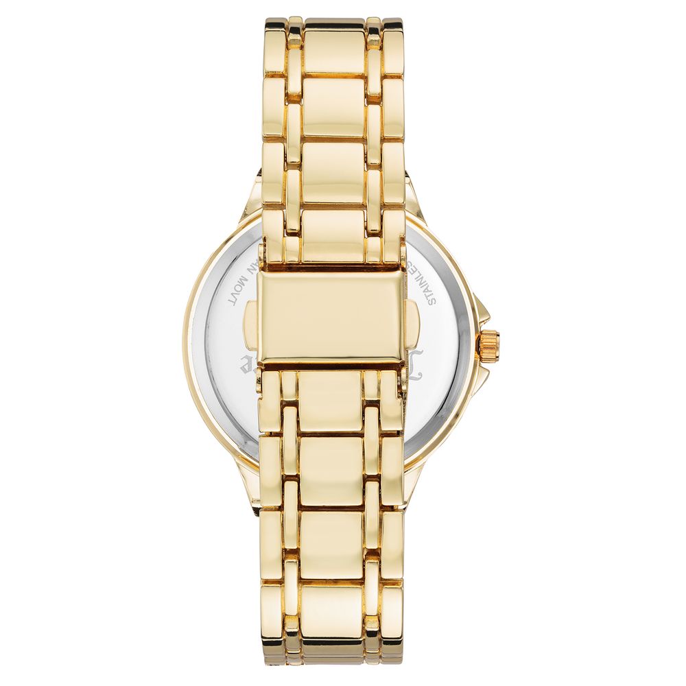 Back view of Juicy Couture Gold Metal Dress Watch with folding clasp and golden metal bracelet.