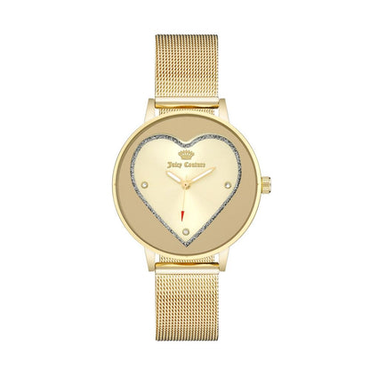 Juicy Couture Gold Stainless Steel Dress Watch with quartz mechanism, golden case and bracelet, beige dial, analog display.