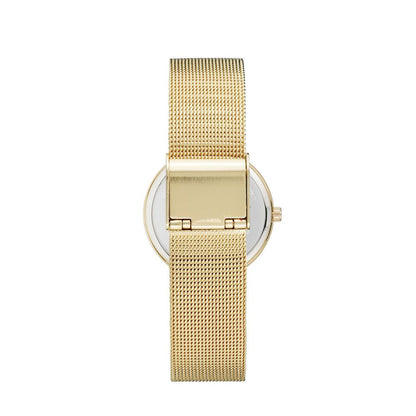 Juicy Couture Gold Stainless Steel Dress Watch with folding clasp and gold mesh bracelet, quartz analog mechanism, beige dial.