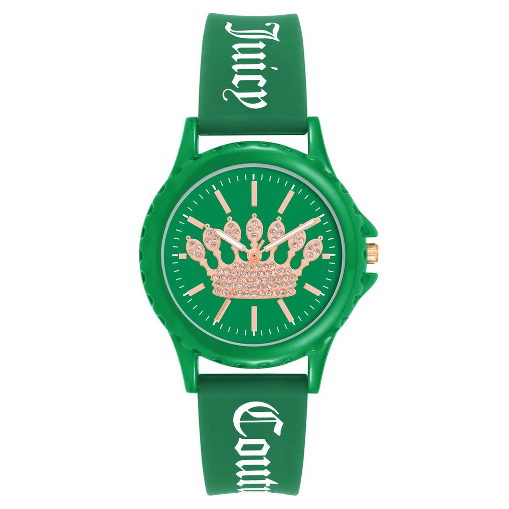 Juicy Couture Green Synthetic Bracelet Watch with silicone bracelet and green dial, featuring analog display and quartz mechanism.