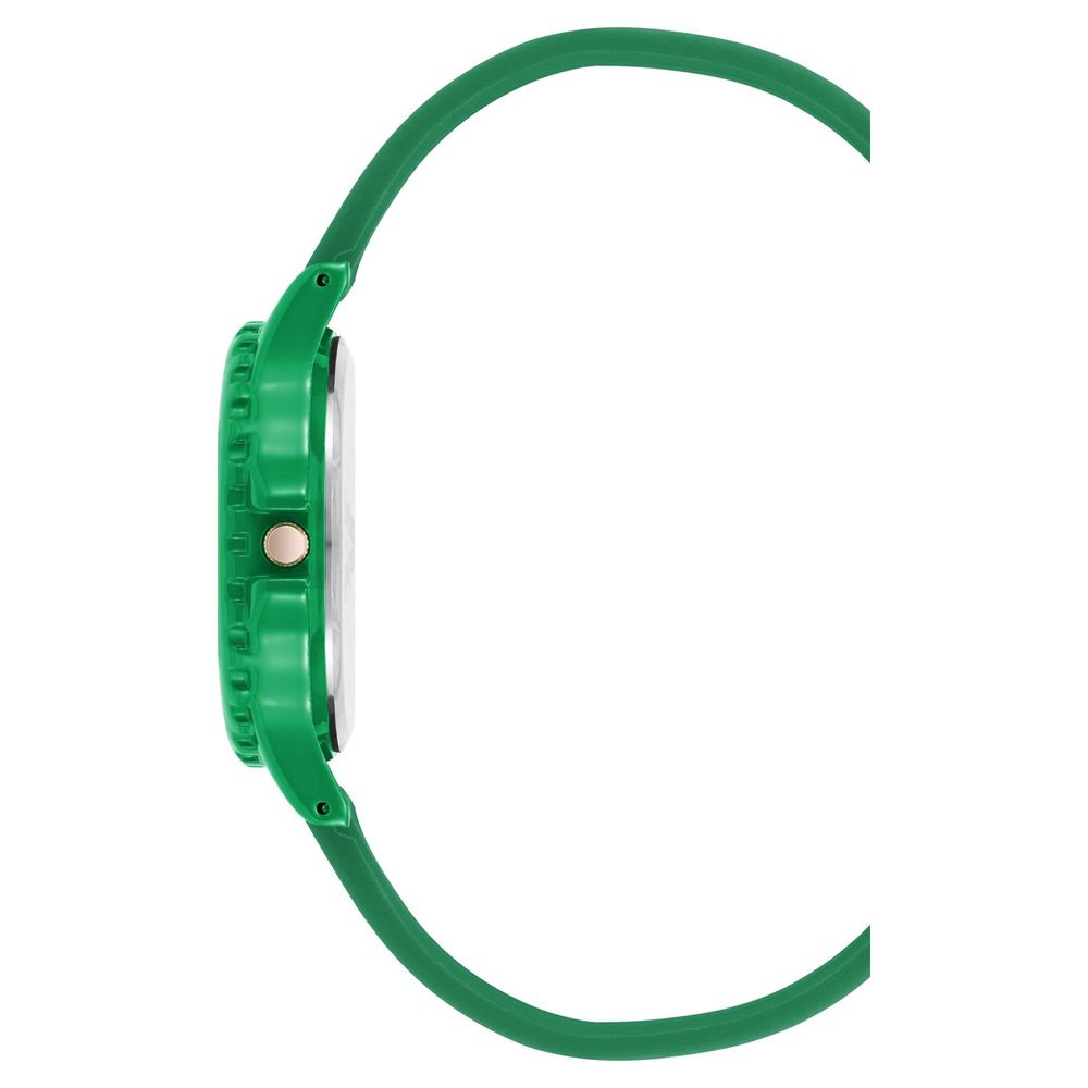 Side view of Juicy Couture Green Synthetic Bracelet Watch with green silicone strap and green metal case