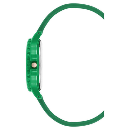 Side view of Juicy Couture Green Synthetic Bracelet Watch with green silicone strap and green metal case