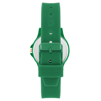 Back view of Juicy Couture Green Synthetic Bracelet Watch with green silicone band and metal case.