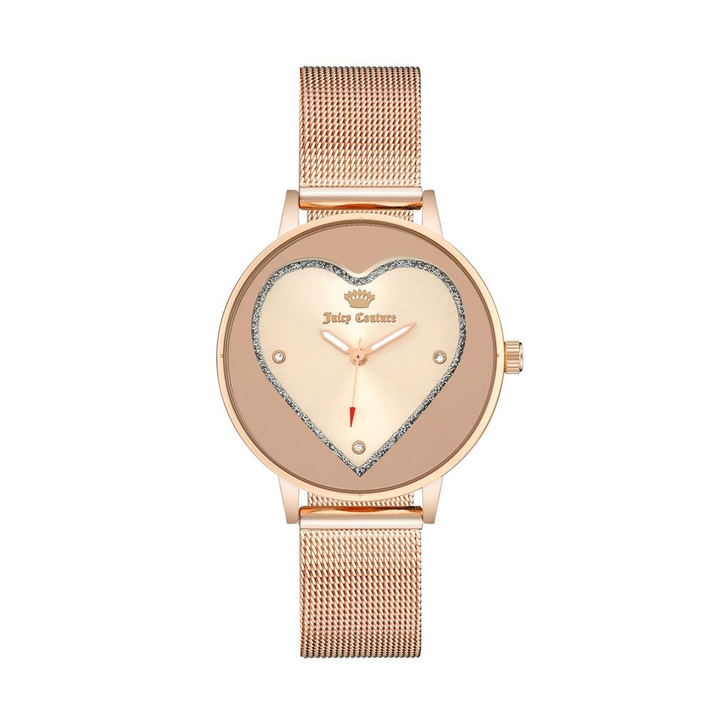 Juicy Couture Multicolor Stainless Steel Dress Watch with pink dial and bracelet, heart-shaped design, quartz movement, and mineral glass.
