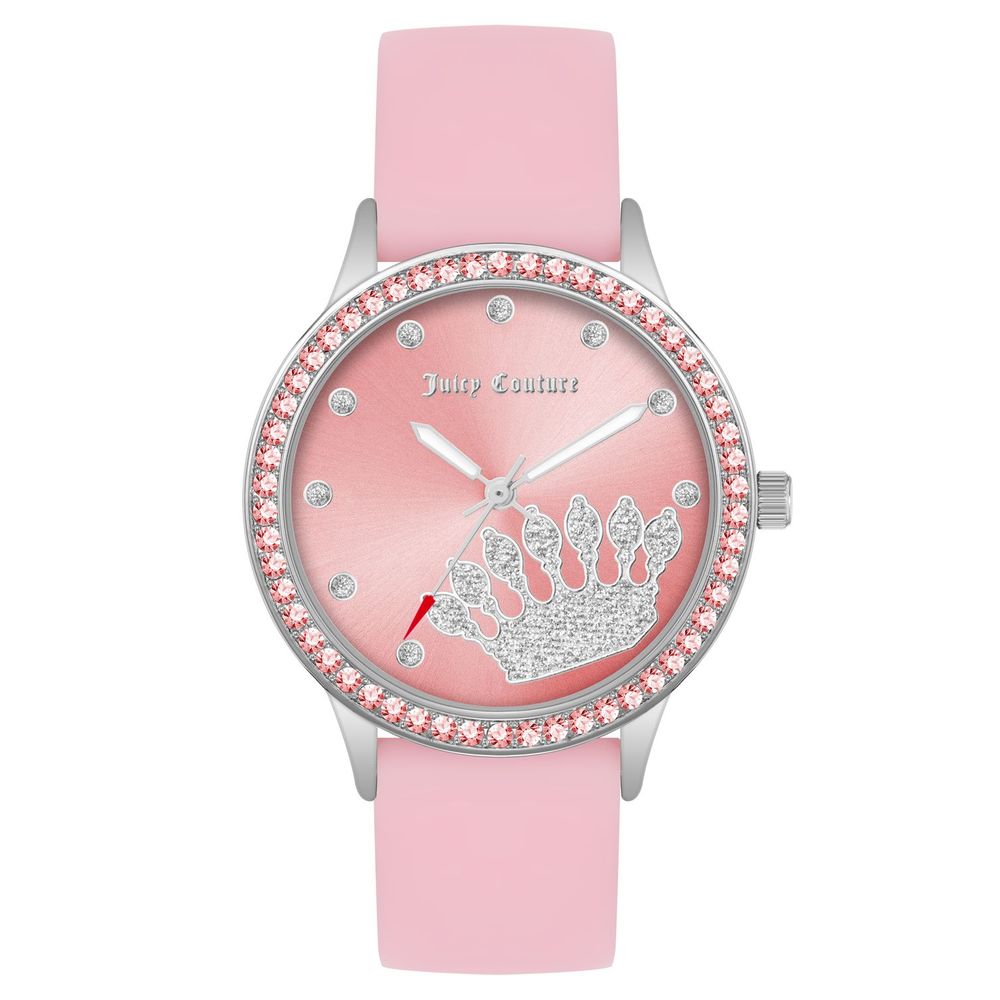 Juicy Couture Multicolor Synthetic Dress Watch with silver metal case, pink silicone bracelet, and pink dial with crown design.