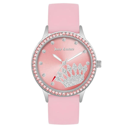 Juicy Couture Multicolor Synthetic Dress Watch with silver metal case, pink silicone bracelet, and pink dial with crown design.
