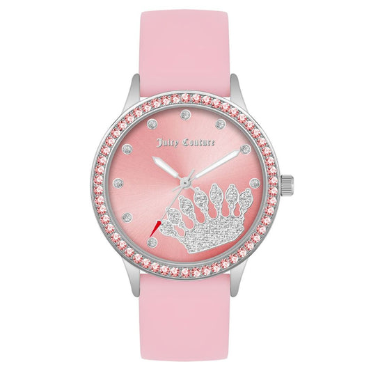 Juicy Couture Multicolor Synthetic Dress Watch with silver metal case, pink silicone bracelet, and pink dial with crown design.
