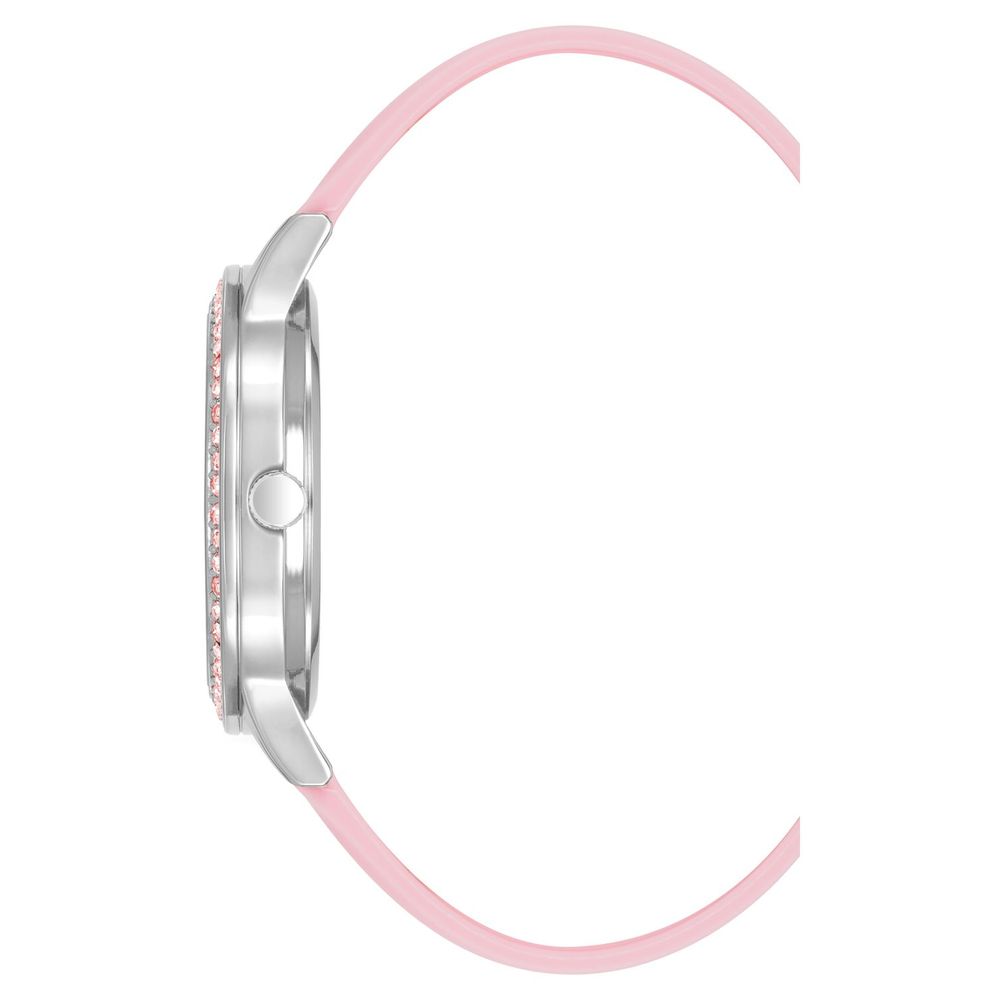 Juicy Couture Multicolor Synthetic Dress Watch with silver metal case and pink silicone bracelet, side view.