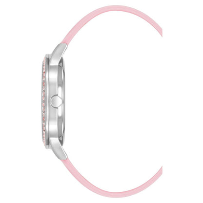 Juicy Couture Multicolor Synthetic Dress Watch with silver metal case and pink silicone bracelet, side view.