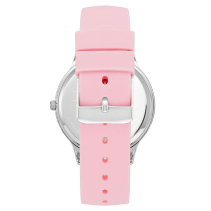 Juicy Couture Multicolor Synthetic Dress Watch with pink silicone band and quartz movement, rear view showcasing silver buckle clasp.
