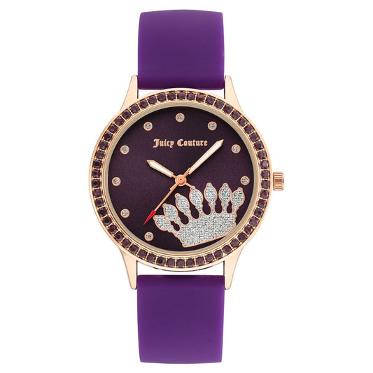 Juicy Couture Purple Synthetic Dress Watch with pink metal case, lilac silicone bracelet, and lilac dial, analog quartz mechanism.