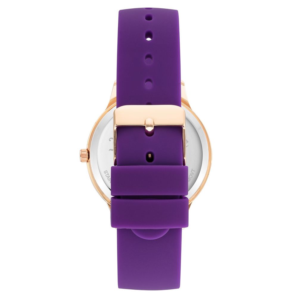 Juicy Couture Purple Synthetic Dress Watch with pink metal case, lilac silicone bracelet, and buckle closure