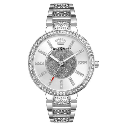 Juicy Couture Silver Metal Dress Watch with silver analog dial, metal bracelet, and jewelry closure.
