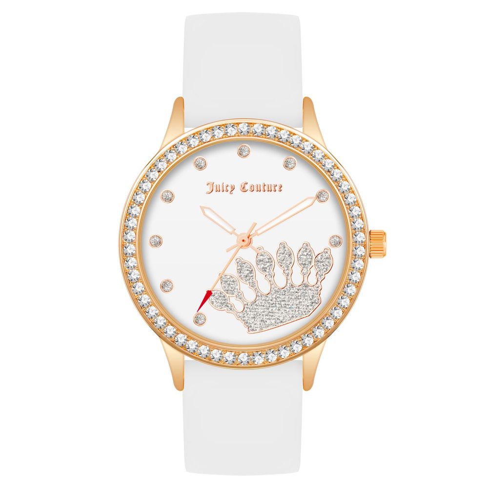 Juicy Couture White Synthetic Dress Watch with pink metal case, white silicone strap, and quartz analog display featuring a crown design.
