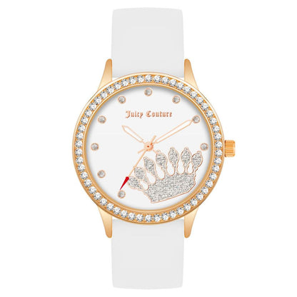 Juicy Couture White Synthetic Dress Watch with pink metal case, white silicone strap, and quartz analog display featuring a crown design.