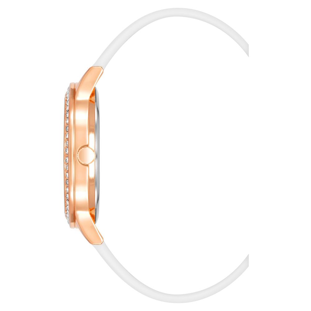 Side view of Juicy Couture White Synthetic Dress Watch with pink metal case and white silicone bracelet