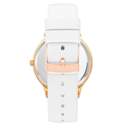 Back view of Juicy Couture White Synthetic Dress Watch featuring white silicone band and pink metal case with buckle closure.