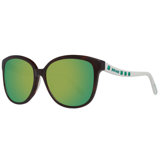 Just Cavalli Brown Plastic Sunglasses with green mirrored lenses and butterfly style for women, offering 100% UVA & UVB protection.