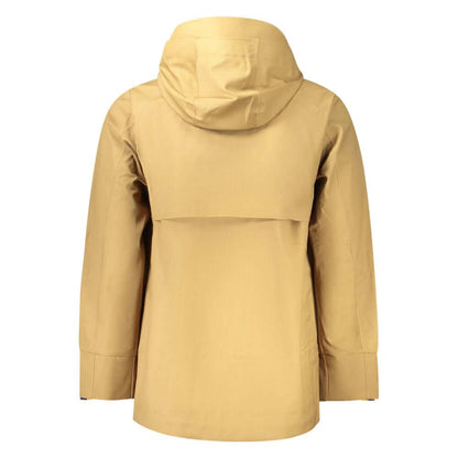 Back view of a yellow hooded jacket with long sleeves and adjustable cuffs.