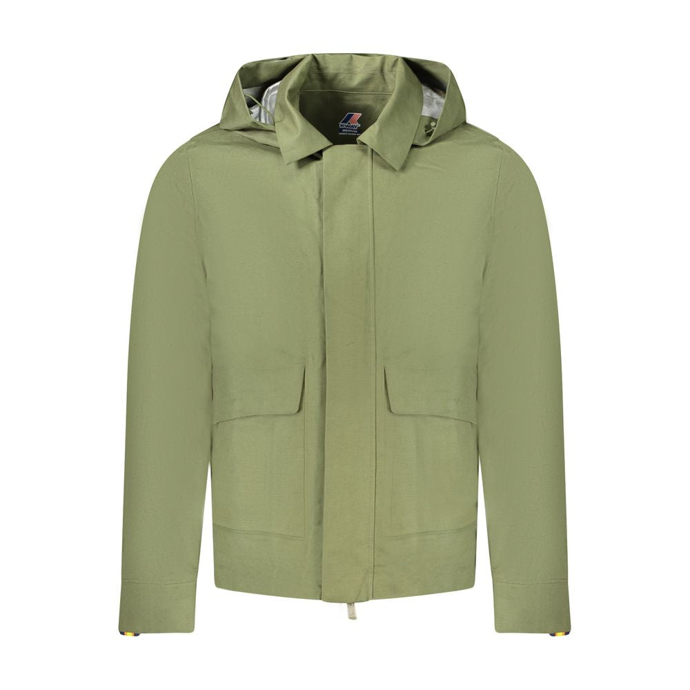 K-WAY Green Cotton Men Jacket with removable hood and pockets for versatile wear