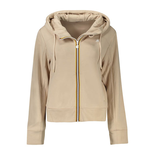 Beige hooded zip-up sweatshirt with long sleeves on white background