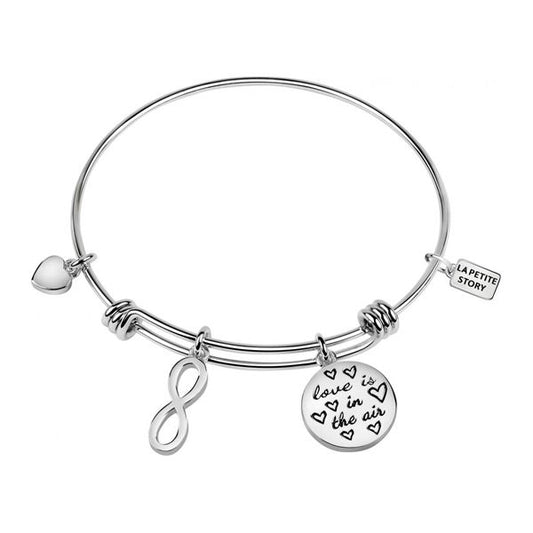 Silver charm bracelet with infinity symbol and heart, displaying 'love is in the air,' from LA PETITE STORY JEWELRY Mod. LPS05APZ03.