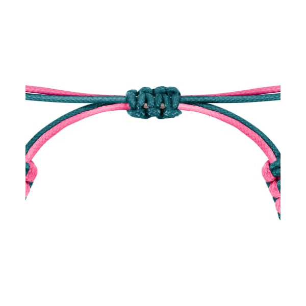 Close-up of LA PETITE STORY JEWELRY Mod. LPS05ASF61 featuring pink and teal cords tied in an intricate knot.