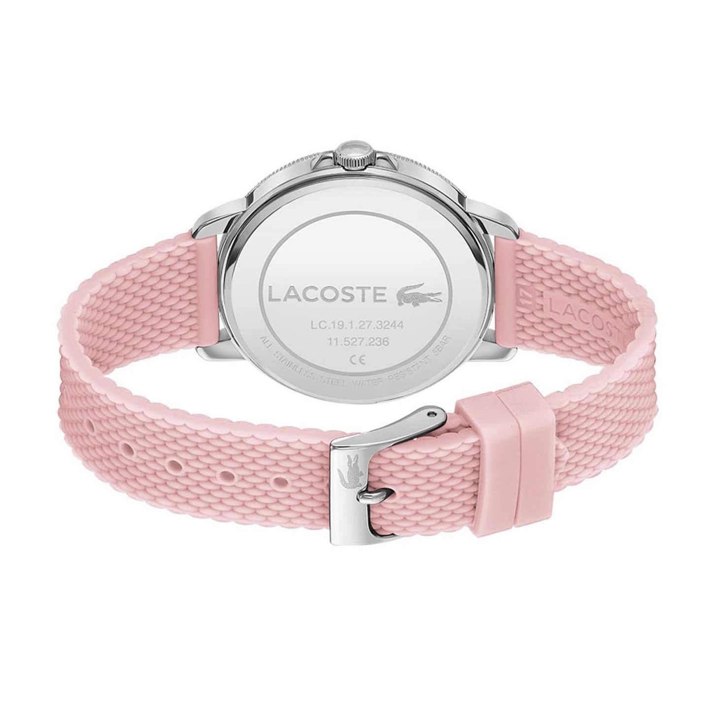 Back view of LACOSTE Mod. 2001201 lady's watch with pink bracelet, showcasing quartz movement and water resistance up to 5 ATM.