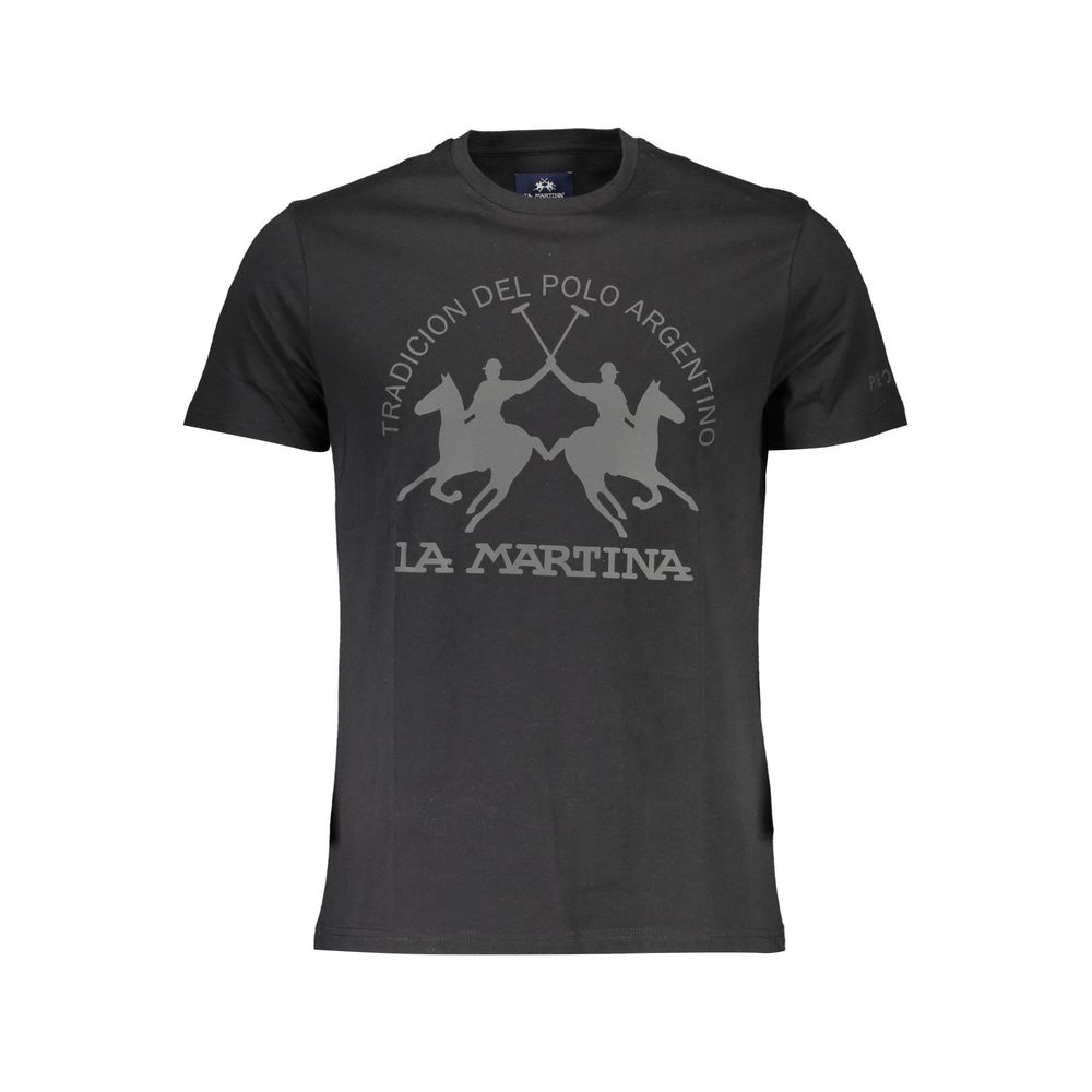 La Martina Black Cotton Men T-Shirt with logo and bold print, crafted from Turkish cotton, perfect for casual style and comfort.