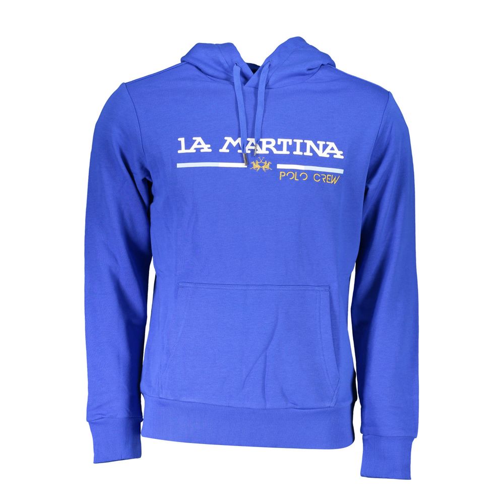 La Martina Blue Cotton Men Sweater with logo and embroidery, featuring a central pocket. Perfect choice for luxury casual fashion.