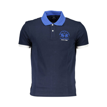 La Martina Blue Cotton Mens Polo Shirt with embroidery and contrasting details
