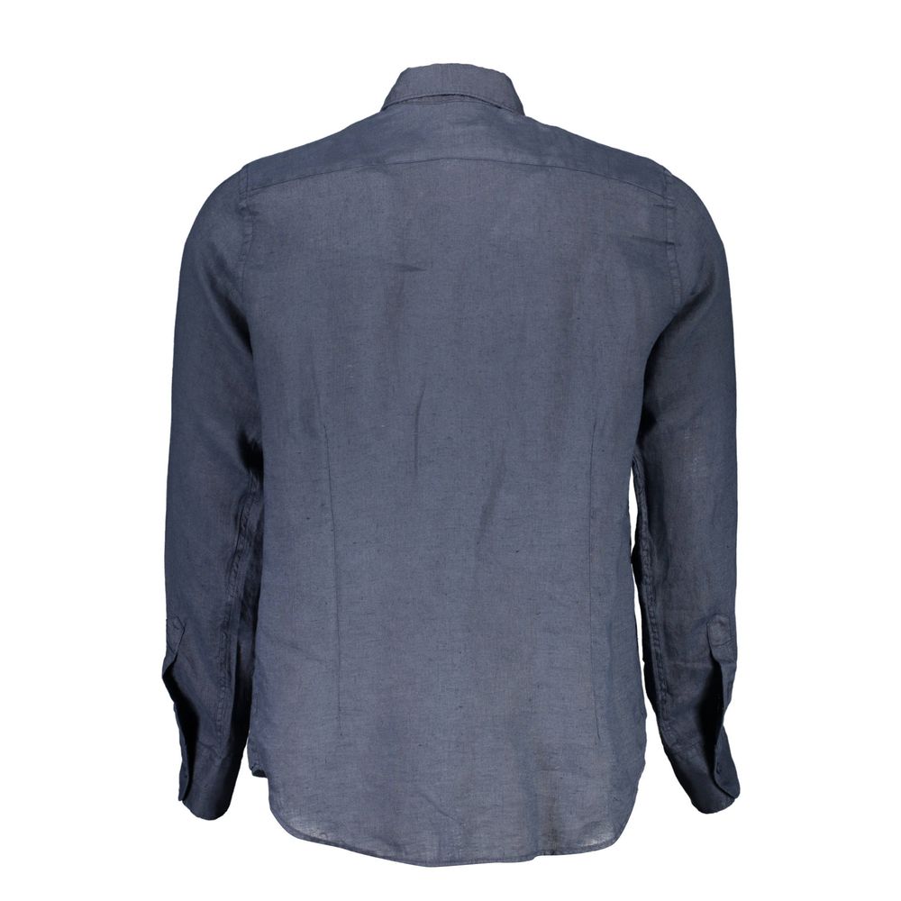 Back view of La Martina Blue Linen Men Shirt showcasing French collar and premium fabric.