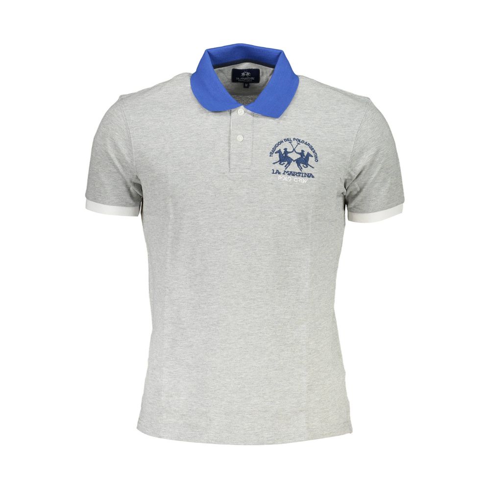 La Martina Brown Cotton Men Polo Shirt with blue collar, featuring short sleeves and embroidered logo.