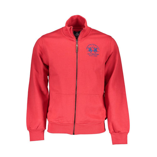 La Martina Red Cotton Men Sweater with zip-up design and logo embroidery, perfect for a trendy and sophisticated casual look.