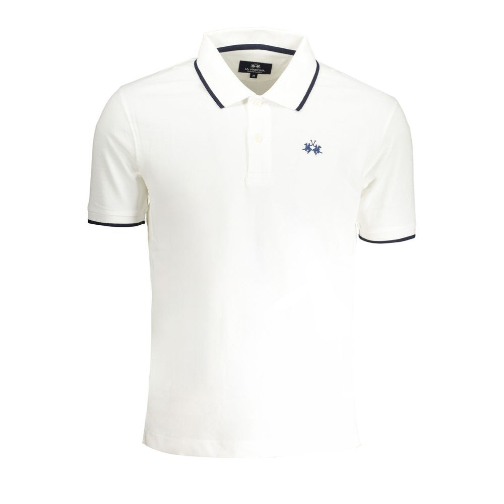 La Martina White Cotton Men Polo Shirt with short sleeves and iconic embroidery, featuring contrasting details and a two-button placket.