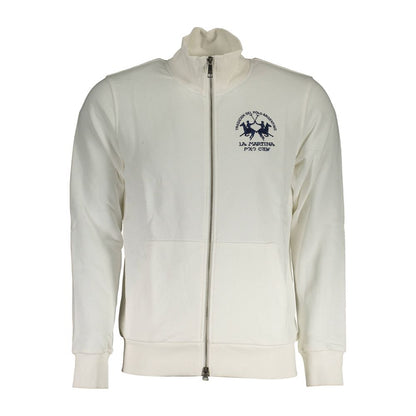 La Martina White Cotton Men Sweater With Zip and Pockets featuring embroidery and bold logo, perfect for style and convenience.