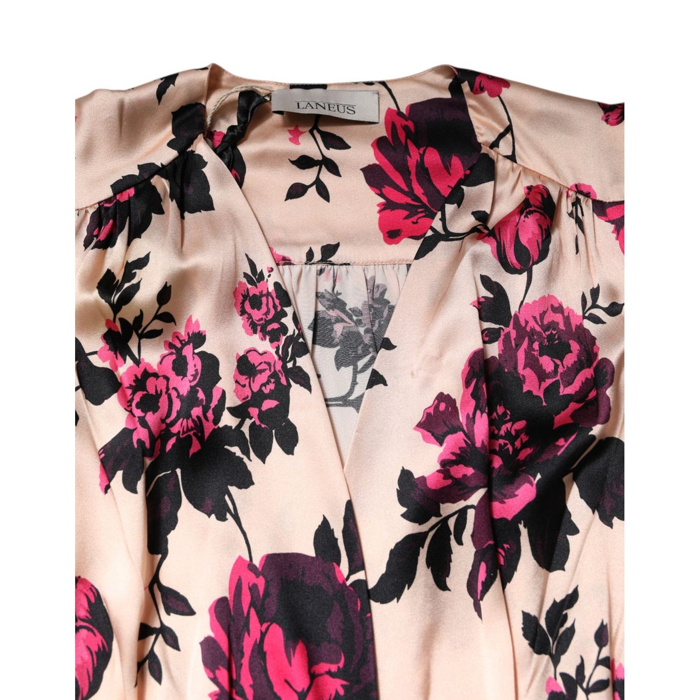 Laneus Pink Floral Silk Long Sleeves V-neck Wrap Mini Dress