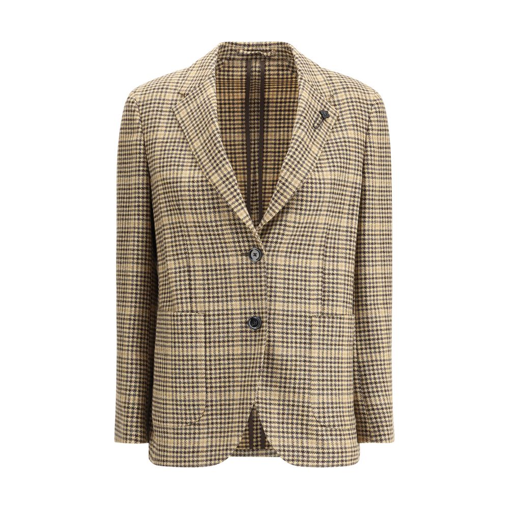 Lardini Beige Wool Blazer featuring houndstooth pattern, single-breasted design, and classic lapel with pin brooch for elegant style.