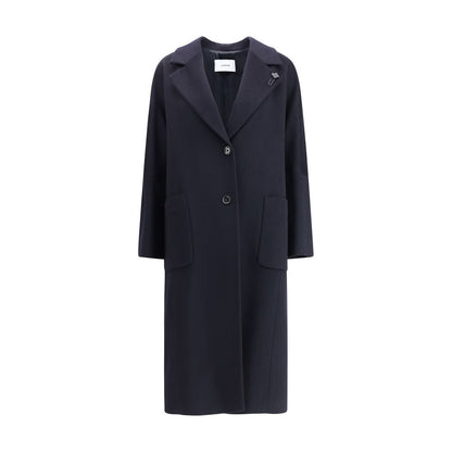 Lardini Black Cashmere Coat with wide lapels and button closure, featuring patch pockets and back slit for a chic silhouette.