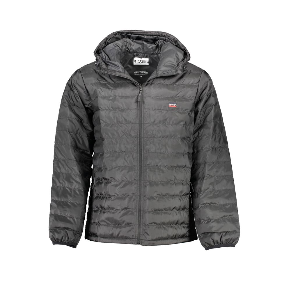 Levi's Black Polyester Men's Jacket with hood and four pockets, featuring signature Levi's embroidery, sleek and durable outerwear.