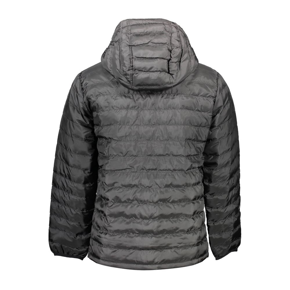 Back view of Levi's Black Polyester Men's Jacket with hood and quilted design, capturing sleek urban style and functionality.