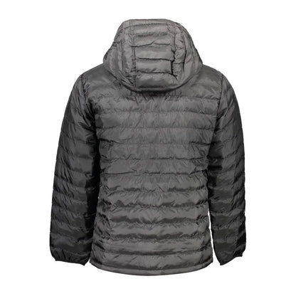 Back view of Levi's Black Polyester Men's Jacket with hood and quilted design, capturing sleek urban style and functionality.
