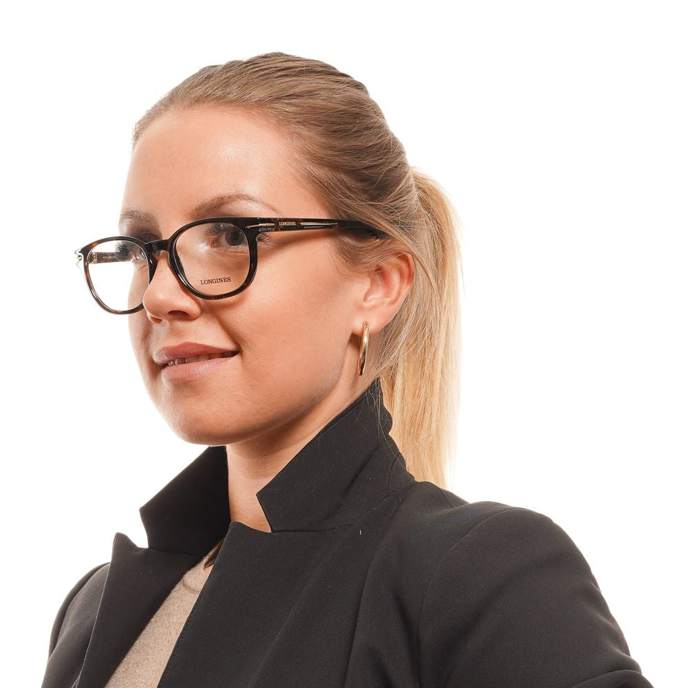 Longines Brown Plastic Glasses (Frames) worn by a person, showcasing full-rim round style with brown plastic material for unisex use.