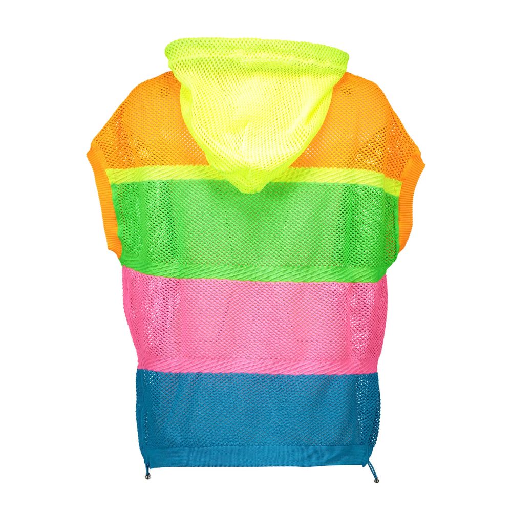 Love Moschino Multicolor Polyester Sweater with short sleeves, hood, and logo design, showcasing vibrant neon colors in a striped pattern.