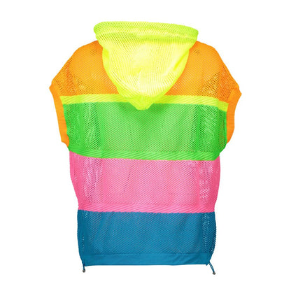 Love Moschino Multicolor Polyester Sweater with short sleeves, hood, and logo design, showcasing vibrant neon colors in a striped pattern.