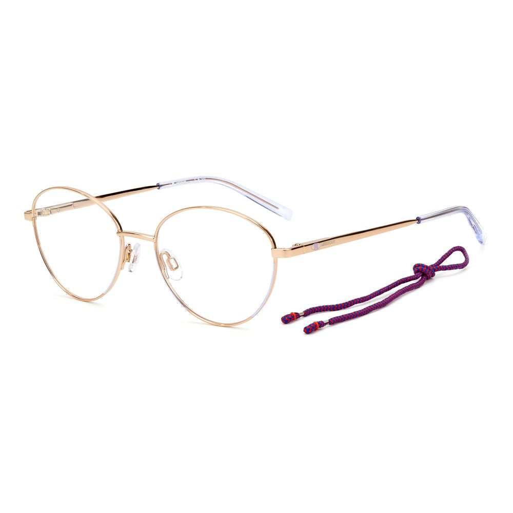 M Missoni Purple Metal Glasses (Frames) with round lenses and gold frame, featuring a purple temple cord. Ideal for women's fashion.