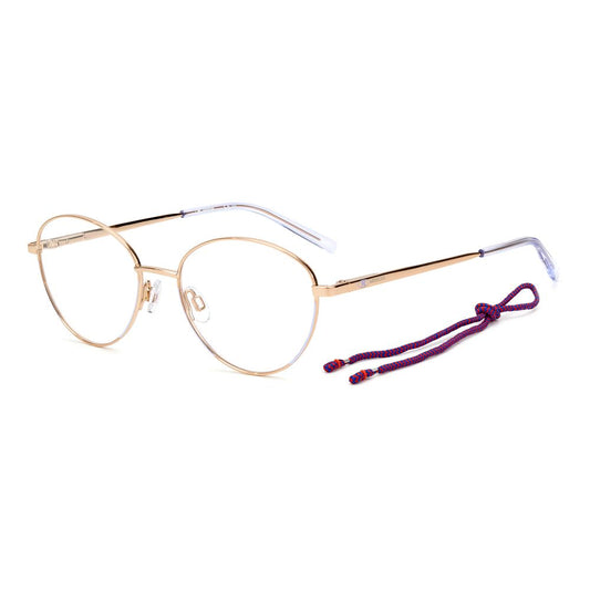 M Missoni Purple Metal Glasses (Frames) with round lenses and gold frame, featuring a purple temple cord. Ideal for women's fashion.