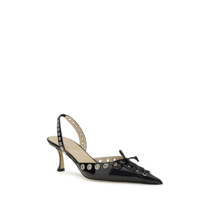 MACH & MACH Black Calf Leather Bos Taurus Lace-Up studded slingback pumps with almond toe and kitten heel.